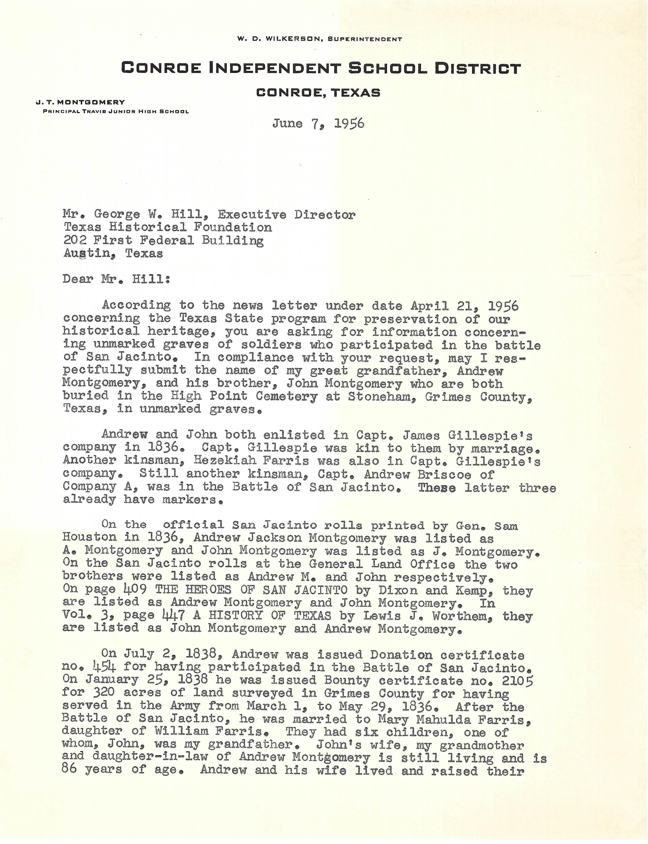 First page of J. T.(James Troy) Montgomery's 1956 Letter to Texas Historical Foundation Second page of J. T.(James Troy) Montgomery's 1956 Letter to Texas Historical Foundation