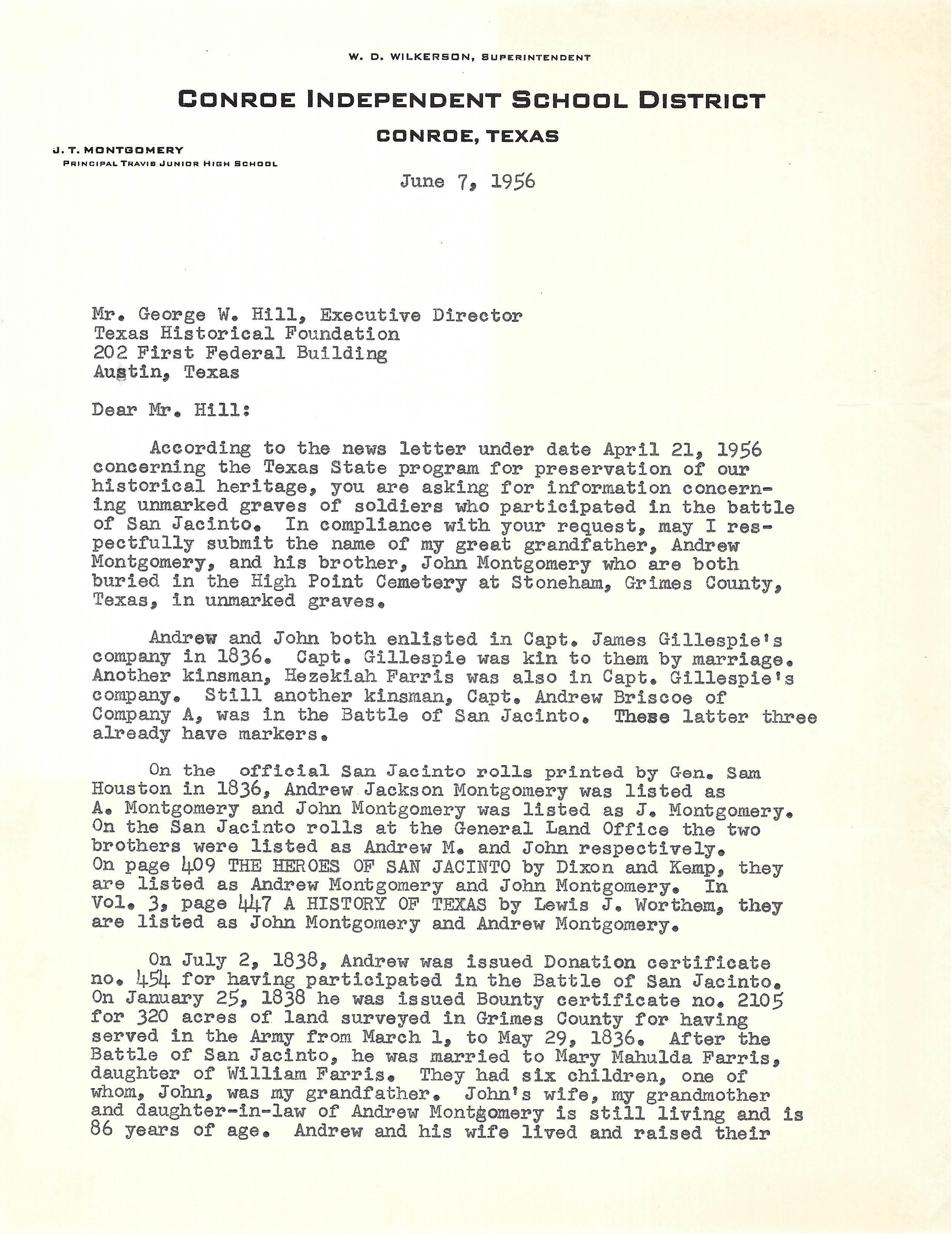 Second page of J. T.(James Troy) Montgomery's 1956 Letter to Texas Historical Foundation