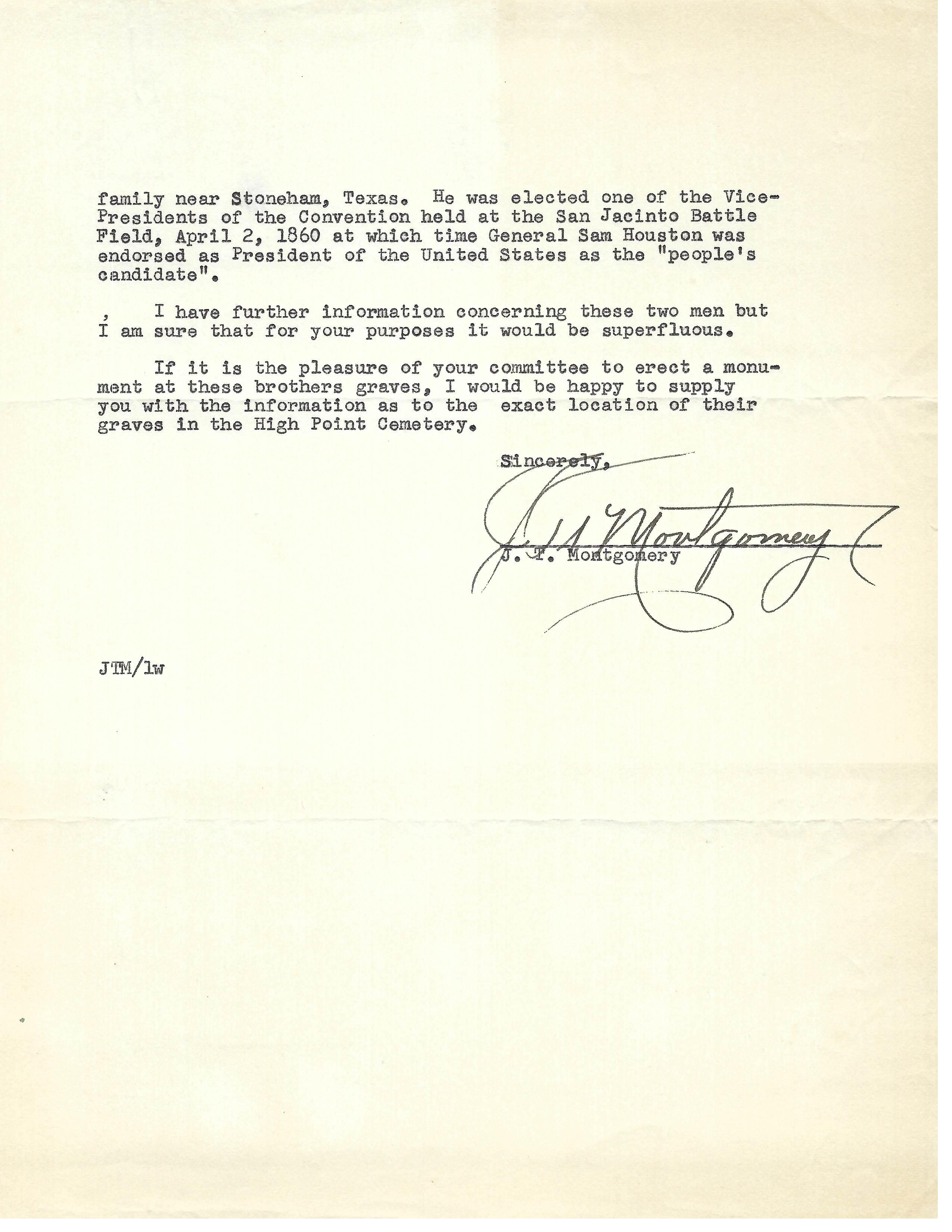 Second page of J. T.(James Troy) Montgomery's 1956 Letter to Texas Historical Foundation Second page of J. T.(James Troy) Montgomery's 1956 Letter to Texas Historical Foundation
